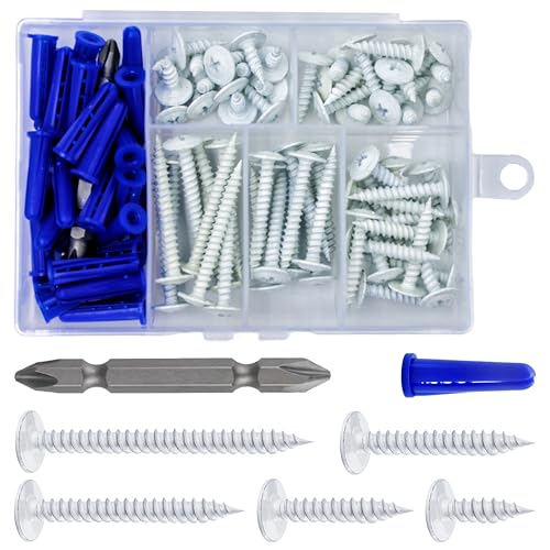 Wensilon(95 pcs)#8 White Truss Head Wood Screws Quick Metal Self Tapping Zinc Oxide with Drywall Plastic Anchors Assortment Kit - size: White Phillips Truss Head Wood Screws