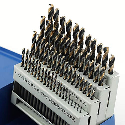 COMOWARE 60pcs Number Drill Bit Set, Wire Gauge #1 to #60, HSS M2 Drill Bit, 135° Split Point, Black and Gold Coated, Drill Bit Set for Metal/Plastic/Wood, with Index Case