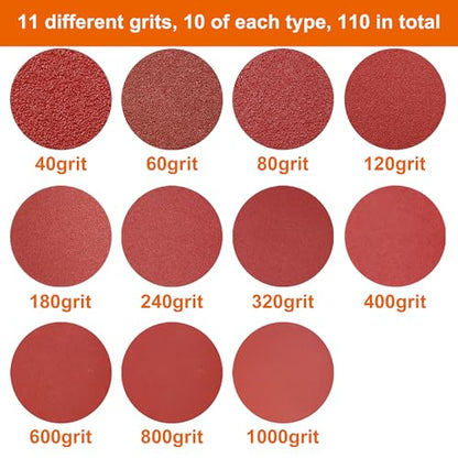 5-Inch Hook and Loop Sanding Discs for Random Orbital Sander, Assorted Sandpaper 40-1000 Grits, 110 PCS - size: 40-1000