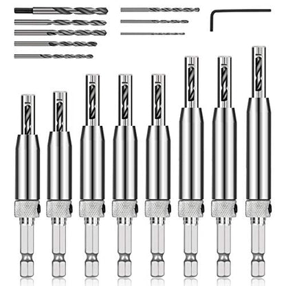 COMOWARE Self-Centering Drill Bit Set, 17pcs VIX Bits, 1/4" Hex Shank Self-Centering Hinge Drill Bit Set for Woodworking Window Door Hinge, Quick Change with 1 Hex Key & 8 Drill Bits 5/64-1/4” - color: 17 PCS