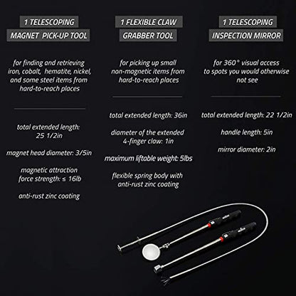 NoCry Pickup Tool Set — Magnetic Claw Grabber, Telescopic Magnet & Mirror - style: Set C - Mirror, Claw and Pick-up