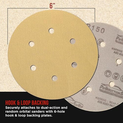 ProductionShop Premium 150 Grit 6" Gold Sanding Discs, 6-Hole Pattern, Box of 100 - Dustless Hook & Loop Backing Sandpaper for DA & Random Orbital Sanders, Sand Auto Paint, Wood Woodworking Furniture