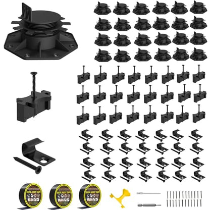 Deckit Deck Building Kit - 24 Adjustable Deck Supports, 600 Hidden Fasteners, 30 Starter Clips, 3 Rolls Joist Tape