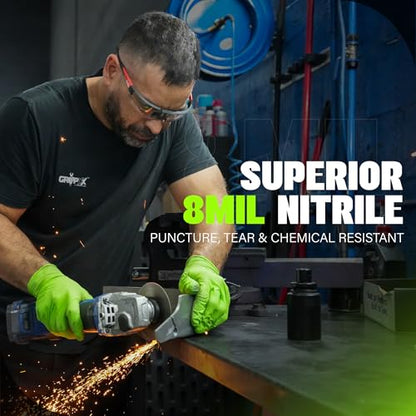 GRIPXX Herkules Grip Heavy Duty 8Mil Nitrile Gloves,3D Raised Diamond Texture-Latex & Powder Free-Industrial, Mechanic - color: Green, size: Small
