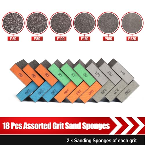 18 Pack Sanding Sponge, Washable and Reusable Sanding Block for Wood Drywall Metal Glasses Coarse/Medium/Fine/Superfine in 60/80/120/220 Grit Sandpaper Block Sand Paper Brick (3.9'' × 2.8'') - size: 18 Pack