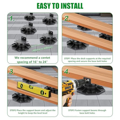 24Pack Adjustable Deck Support Pedestal Deck Foundation Base Support，Used for Floating Deck Platform Deck Floor Height Adjustment Raising, Adjustment Raising from 1-3/16" to 2-3/8",Black