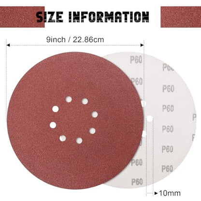 9 Inch 8 Hole Drywall Sanding Disc, 60 Grit 15 PCS Hook and Loop Sandpaper - style: Grit 60