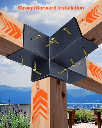VEVOR Pergola Kit, 4x4 Inch 4-Way Slanted Bracket for 3.5x3.5 Inch Wood Beams in Actual Size, Carbon Steel Pergola Bracket with Post Base and Wall Mount Base, for Outdoor Pergolas, Gazebos, Sheds - size: 1PC 15°4-Way+1PC Wall Mount Base 4*4 SET