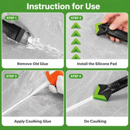 5-in-1 Caulk Remover Tool - Silicone Caulking Tool Kit and Caulk Smoothing Tool for Bathroom, Kitchen, Sink, Tile and Window Repair (Green)
