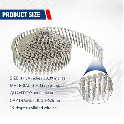 3600 Count Stainless Steel Siding Nails 15-Degree Collated Wire Coil 1-1/4 Inch, 0.09 Inch Ring Shank Siding Nails - size: 1-1/4 Inch x 0.09 Inch