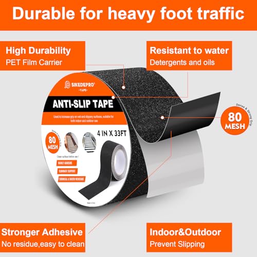 SIKEDEPRO 4" x 33Ft Heavy Duty Anti-Slip Tape,Skateboard Grip Tape, Non-Skid Safety Traction Tape for Staircases Outdoor/Indoor, Waterproof High Traction Stairs Non Skid Treads - size: 4inch