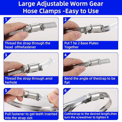 32.8FT Metal Strap + 24 Fasteners 304 Stainless Steel Hose Clamp Assortment Kit DIY Cut-To-Fit Adjustable Worm Gear Band Clamps for Pipe, Duct, Tube, and Fuel Line