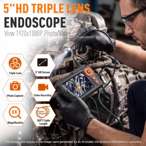 Triple Lens Borescope, 5" IPS Screen, 1080P Photo & Video, 50FT Cable - size: 5''Triple Lens 50FT