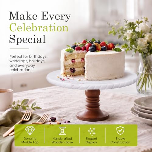 Go Home White Marble Cake Stand with Wooden Base – Elegant Round Cake Stand