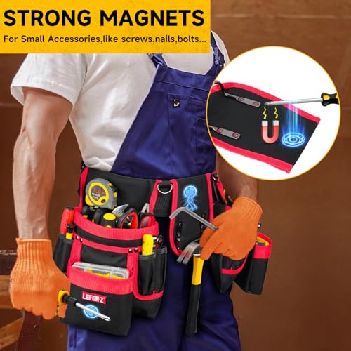 Tool Belt with 4 D-Rings,27-Pockets Tool Belts for Men,Construction - color: Red & Black, size: 27 Pockets