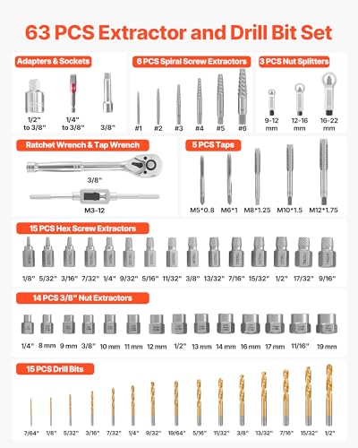 VEVOR 63-Piece Bolt Extractor Kit & Screw Extractor Set, Lug Nut Removal Tool with Left Hand Drill Bit Set, Nut Splitters, Taps & Tap Wrench, Ratchet, Adapters for Removing Rounded, Broken, Stripped - size: 63 PCS