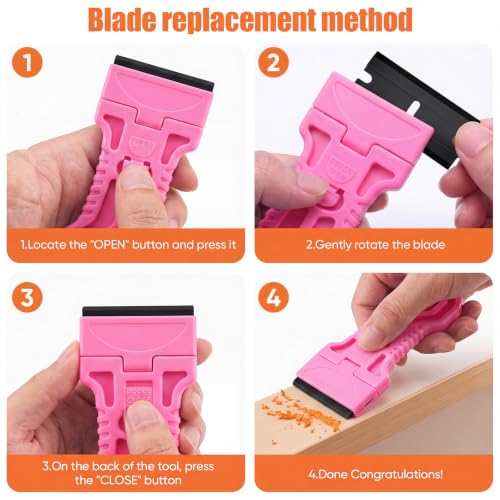 4 Pack Razor Blade Scraper, 25 Blades, Long Handle Scraper Tool (Pink) - color: Pink