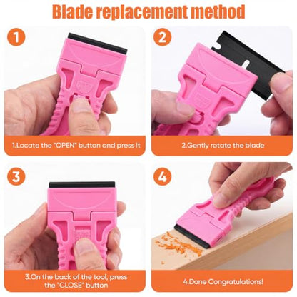 4 Pack Razor Blade Scraper, 25 Blades, Long Handle Scraper Tool (Pink) - color: Pink