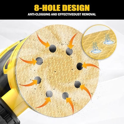 130Pcs 5 Inch 8-Hole Hook&Loop Sanding Discs, 600 Grit Diamond Yellow Sand, Dust-Free/Wear-Resistant, Latex Paper Base (No Fray), 135G Backing for Wood/Metal/Auto, DIY & Pros - style: 5inch-8Hole