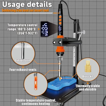 CS901 Heat Set Insert Tool Kit, 90W Digital Soldering Iron with 180-500℃ LCD Temp & Threaded Inserts M2 M2.5 M3 M4 M5 M6 M8 for Plastic 3D Printing, Compatible with Heat Set Tasks