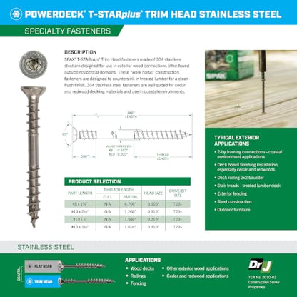 #10 x 2-1/2" SPAX Stainless Steel Wood Screws 5 lbs (415 pcs) Star Drive Rust Corrosion Resistant PowerDeck Heavy Duty Exterior Deck - size: #10 x 2-1/2"