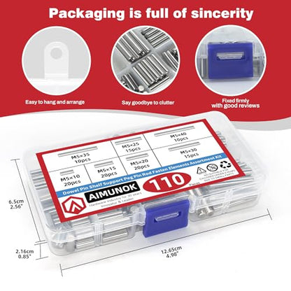 110Pcs Dowel Pins Kit, M5 x 10-40mm Stainless - size: 110pcs Dowel Pins