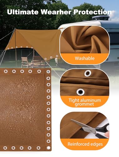 Canvas Tarp 10x20ft 22Mil Water-Resistant Tarps with Aluminum Grommets, 14OZ UV-Resistant Tarpaulin,Heavy-Duty Multi-Use Cloth Covers for Wood/Car/Roof/Boat/Camp/Canopy - color: Brass, size: 10'*20'
