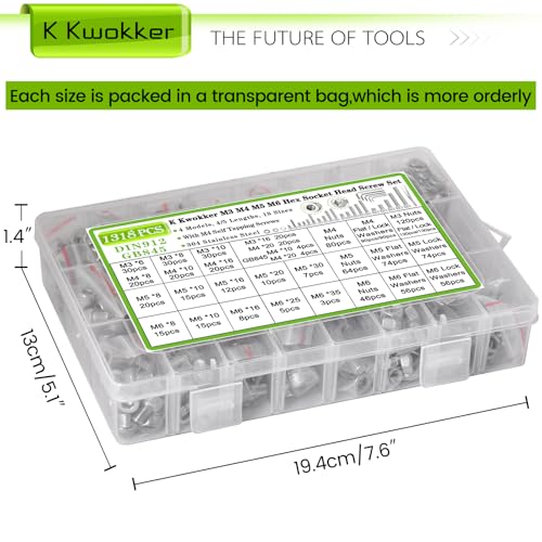 M3 M4 M5 M6 Hex Socket Bolt and Nut Assortment Kit, 1318Pcs - size: M3 M4 M5 M6 - Hex Socket Head