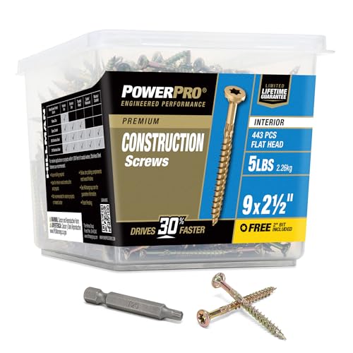 Power Pro Wood Screws, #9 x 2-1/2in, 443 Pack, Gold Zinc - size: 5 lb Tub, style: #9 x 2-1/2"