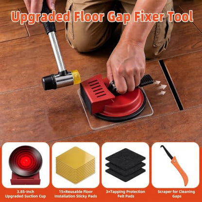 Heavy Duty Floor Gap Fixer Tool, 176 LBS Vacuum Suction Cup - Fix Floor Gaps Fast with 15 Sticky Pads & Scraper for Vinyl Plank Flooring, Red LVP Laminate Repair Kit, Wood Plank Grabber (No Hammer)