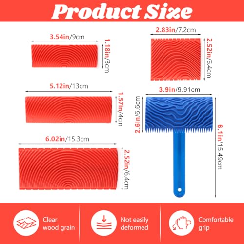 5PCS Wood Grain Tool Set, Rubber Wood Graining Tools with Handles - color: Blue