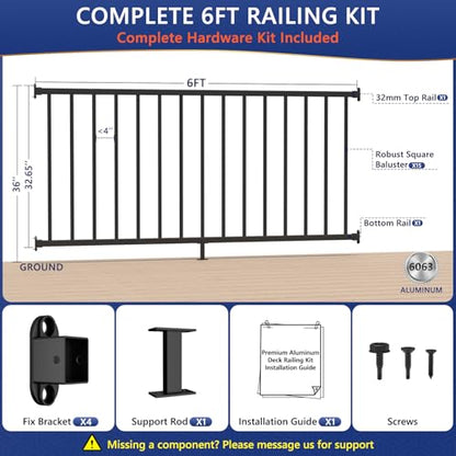 36 in H x 6 ft W Modular Real Aluminum Deck Railing Kit, 1 Panels - color: 6ft Level - 1Pack