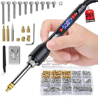 M5 Heat Set Insert Kit 261PCS Threaded Inserts 60W Soldering Iron, Heat Insert Tips, Nuts & Screws, Threaded Insert Installation Tool Set with Stand and Tweezers for 3D Printing - size: M5