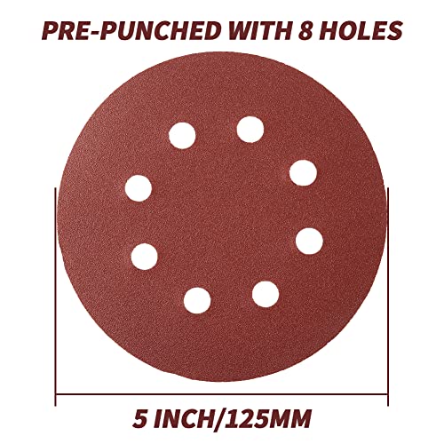 210PCS Sanding Discs 5 Inch 8 Hole, Orbital Sander Sandpaper, 5 Sanding Disc Hook and Loop Include 60/80/120/180/240/320/400/600 Assorted Grits Sandpaper, for Random Orbital Sander - style: 210Pcs Red Sandpaper for 'Project'