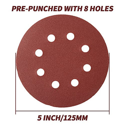 210PCS Sanding Discs 5 Inch 8 Hole, Orbital Sander Sandpaper, 5 Sanding Disc Hook and Loop Include 60/80/120/180/240/320/400/600 Assorted Grits Sandpaper, for Random Orbital Sander - style: 210Pcs Red Sandpaper for 'Project'