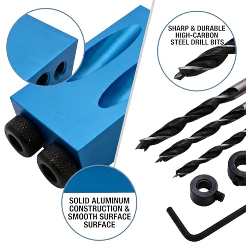 14-Piece 15 Degree Pocket Hole Jig, Blue Woodworking Angle Drill Guide with 6/8/10mm Adapter
