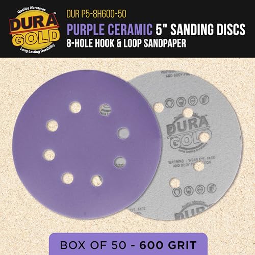 Dura-Gold 600 Grit 5" Purple Film Ceramic Sanding Discs, Box of 50, 8-Hole - style: 600 Grit
