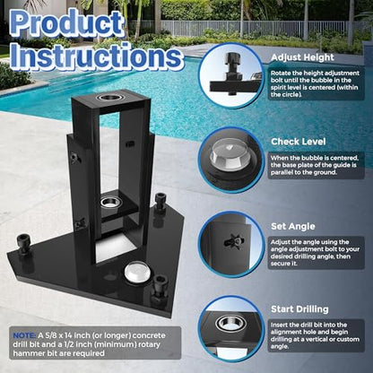 Pool Fence Drill Guide with Adjustable Angle & Built-in Bubble Level - Reinforced Stability for Concrete Drilling, Universal Application for Pool Fences & More