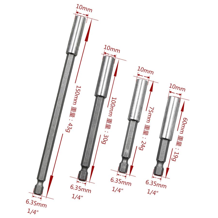 4 Pack Drill Bit Extension Magnetic Screwdriver Bit Holder Set Quick Release Magnet Tip Socket 1/4'' Hex Shank Extension Adapter Extender for Drills Cordless Drill Impact Driver Power Tool