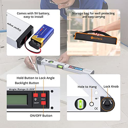 Neoteck Professional Measurement Kit: 225° 16 inch Aluminum Digital Angle Finder Protractor & 2-in-1 Dual Probe Pinless & Pin Moisture Meter with LCD Display and Audio Alarm for Wood, Wall, Concrete
