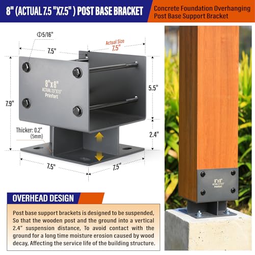 Stainless Steel 8"x8"(Actual 7.5"x7.5") Post Base Bracket Concrete, Dry Set Concrete Post Anchor Bracket Heavy Duty 1Pack - size: 8"-Dry Set