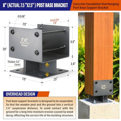 Stainless Steel 8"x8"(Actual 7.5"x7.5") Post Base Bracket Concrete, Dry Set Concrete Post Anchor Bracket Heavy Duty 1Pack - size: 8"-Dry Set
