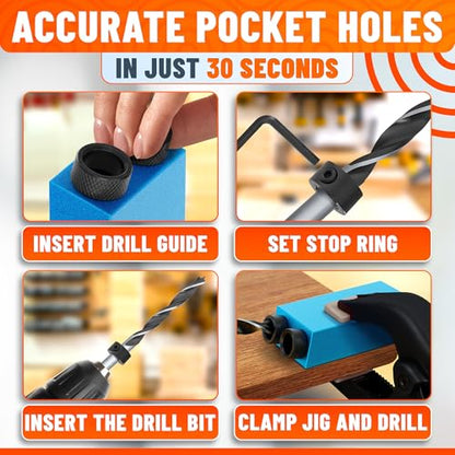 14 Pcs Pocket Hole Jig Kit, 15° Angle Drill Guide, Aluminum