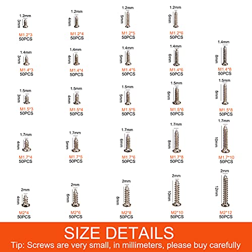 1100Pcs Nickel-Plated M1.2,M1.4,M1.5,M2 Round Pan Head Tapping Screws Laptop Notebook Computer Screws Kit,Phillips Small Screw Set for Electronic Repair (1100pcs) - color: Silver-1100pcs