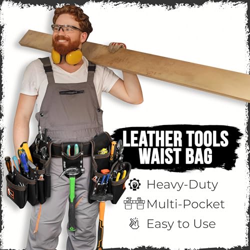 Daisy Leather Tool Belt Pro-202, 31 Pockets, Top Grain Leather, 2.5-inch Padded Belt, Fits 32-52 inch Waist, X-Large (Black, X-Large) - color: Black