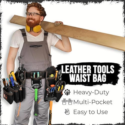 Daisy Leather Tool Belt Pro-202, 31 Pockets, Top Grain Leather, 2.5-inch Padded Belt, Fits 32-52 inch Waist, X-Large (Black, X-Large) - color: Black