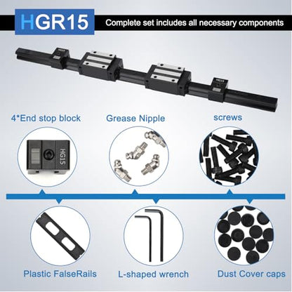 HGR15 400mm Linear Guide kit,2pcs 400mm hgr15 Linear Rail with 4pcs HGH15CA Carriage Block and HG15 end Stop Block - size: 400mm, style: HGR15