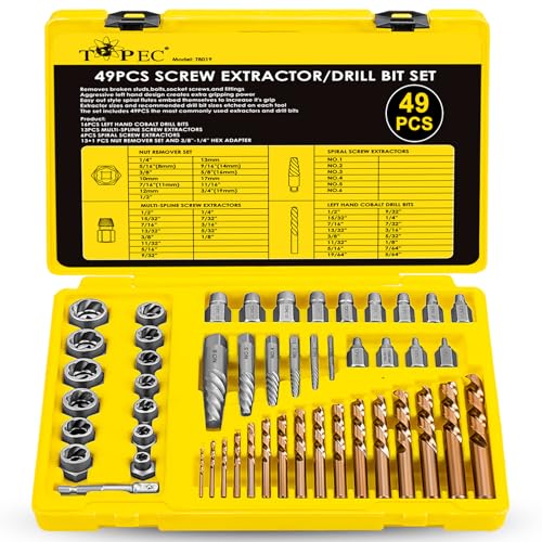 Topec 49pcs Screw Extractor/Drill Bit Set, Professional Remove Set for Removing Broken Studs, Bolts, Socket Screws and Fittings - size: 49 Pieces