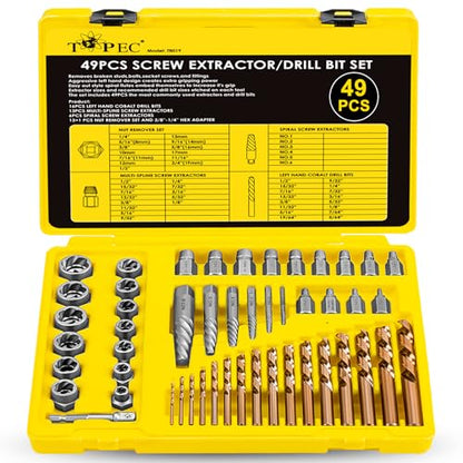 Topec 49pcs Screw Extractor/Drill Bit Set, Professional Remove Set for Removing Broken Studs, Bolts, Socket Screws and Fittings - size: 49 Pieces