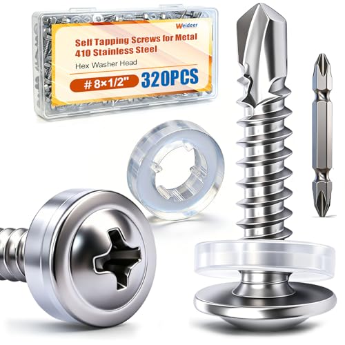 weideer 320pcs #8×1/2" Self Tapping Screws for Metal, 410 Stainless Steel Metal Screw, Truss Head Sheet Metal Screws with Washer, Screwdriver Bit K-158-W-13mm - size: SV 320PCS ＃8×1/2"